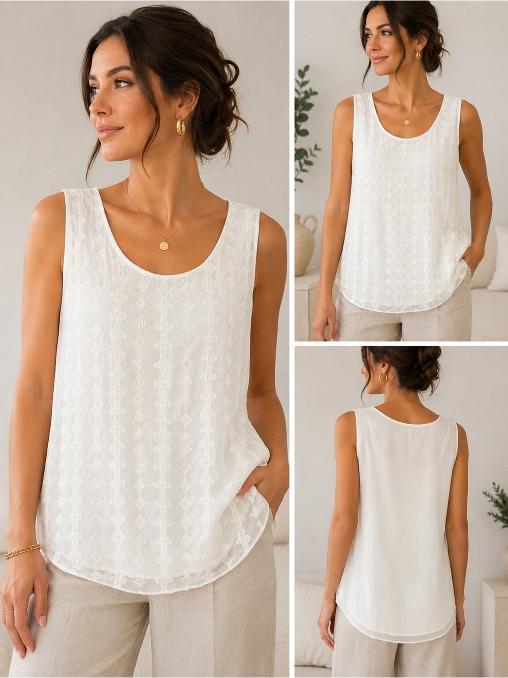 Via Signoria Italy White Embroidered Silk Sleeveless Blouse Size L